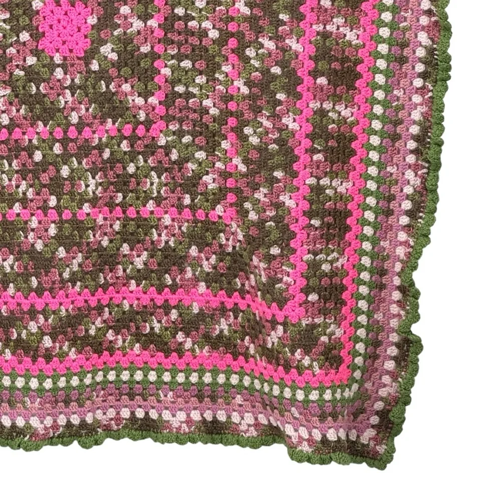 *Beautiful Hand Made Crocheted Blanket/Throw in Greens and Pinks.